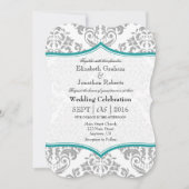 Blauwgroen grijze Damask Bracket Wedding Invite Kaart (Voorkant)