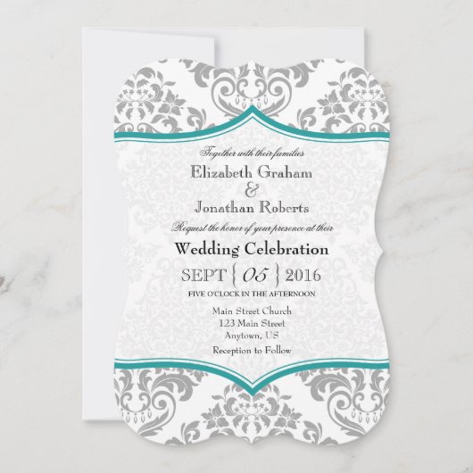 Blauwgroen grijze Damask Bracket Wedding Invite Kaart (Voorkant)