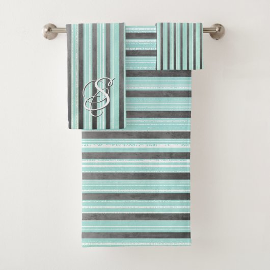 Blauwgroen, grijze en witte strepen bad handdoek (Insitu)