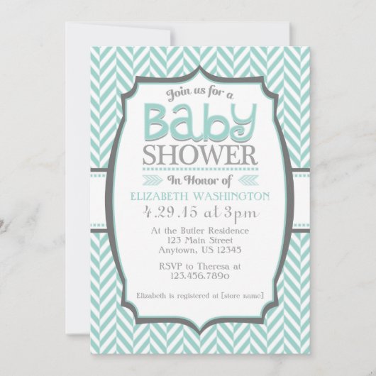 Blauwgroen grijze Herringbone Baby Shower Invitati Kaart (Voorkant)