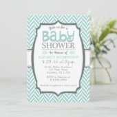 Blauwgroen grijze Herringbone Baby Shower Invitati Kaart (Staand voorkant)