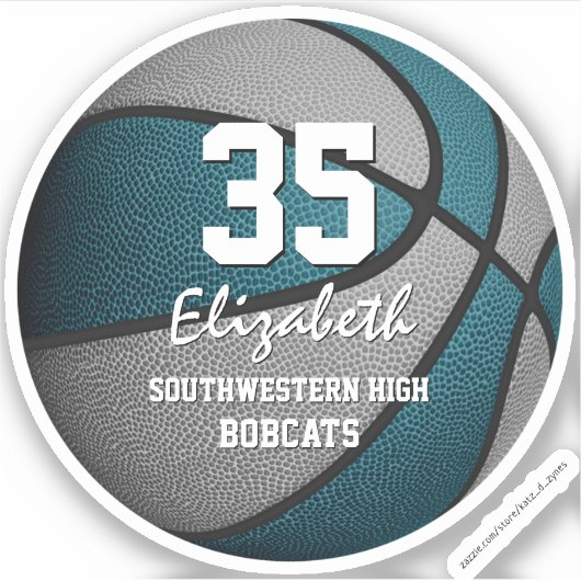 Blauwgroen grijze jongens basketbalteamkleuren sticker (Voorkant)