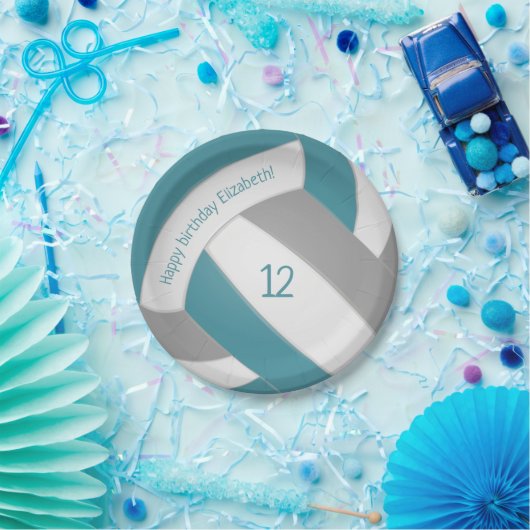 blauwgroen grijze kinder volleybalpartij papieren bordje (Feest)