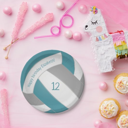 blauwgroen grijze kinder volleybalpartij papieren bordje (Feest)