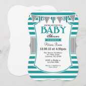 Blauwgroen grijze stripes Baby shower Kaart (Voorkant / Achterkant)