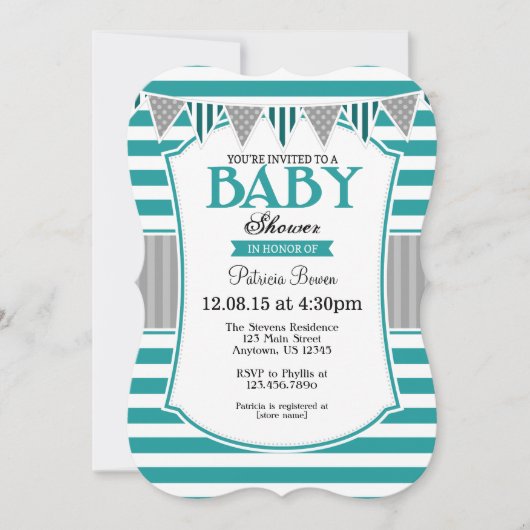 Blauwgroen grijze stripes Baby shower Kaart (Voorkant)