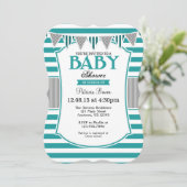 Blauwgroen grijze stripes Baby shower Kaart (Staand voorkant)