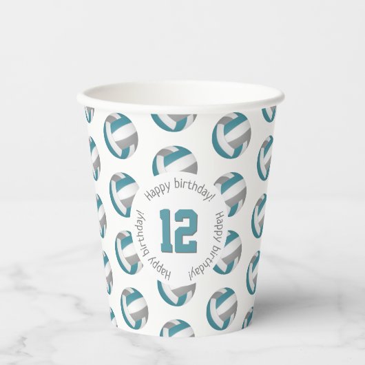 blauwgroen grijze volleyballen jongens verjaardags papieren bekers (Voorkant)