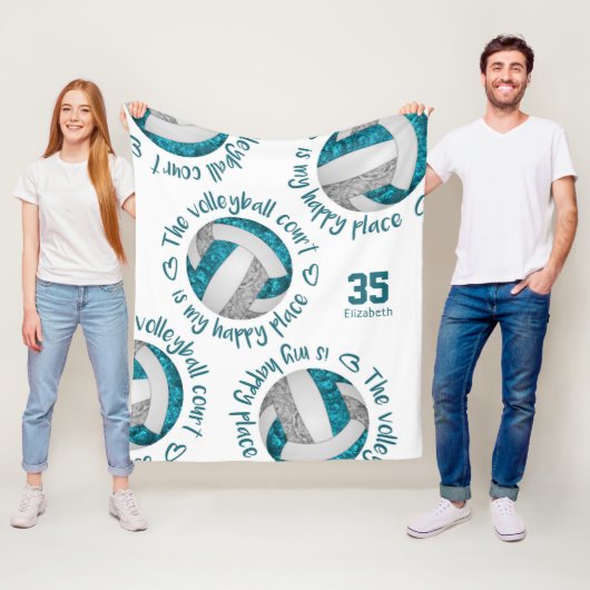 blauwgroen grijze volleybalrechtbank gelukkig plaa fleece deken (In situ)