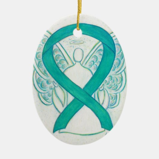 Blauwgroen groen bewustzijn Ribbon Angel Art Ornam Keramisch Ornament (Voorkant)