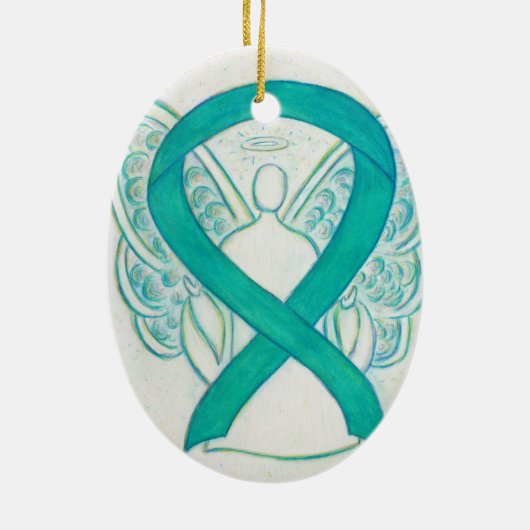 Blauwgroen groen bewustzijn Ribbon Angel Art Ornam Keramisch Ornament (Achterkant)