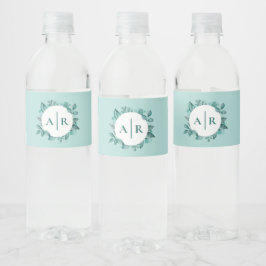 Blauwgroen groen bladeren bruiloft monogram waterfles etiket