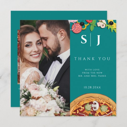 Blauwgroen groen blauw PIZZA Moderne Minimale brui Bedankkaart (Voorkant / Achterkant)