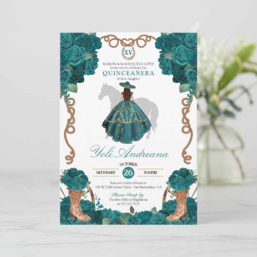 Blauwgroen Groen Blauw Rozen Charro Vestidos Quinc Kaart (Staand voorkant)