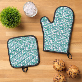 Blauwgroen Groen Blauw Wit Ovenwanten en Pothouder Ovenwant & Pannenlap Set