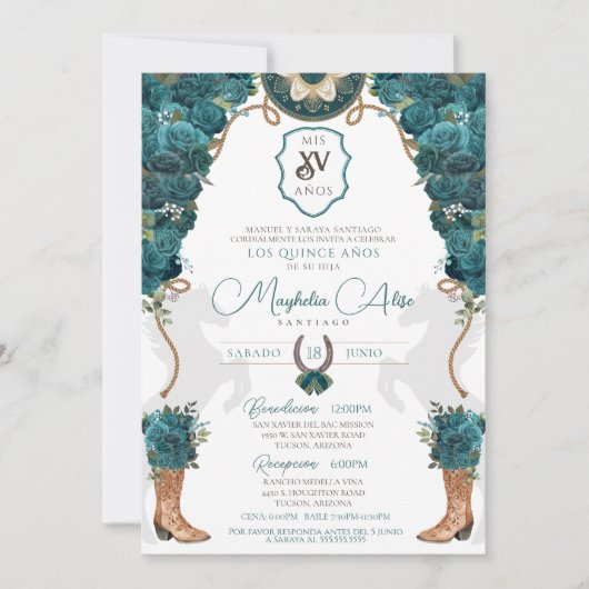 Blauwgroen Groen Bloemen Western Charro Quinceañer Kaart (Voorkant)
