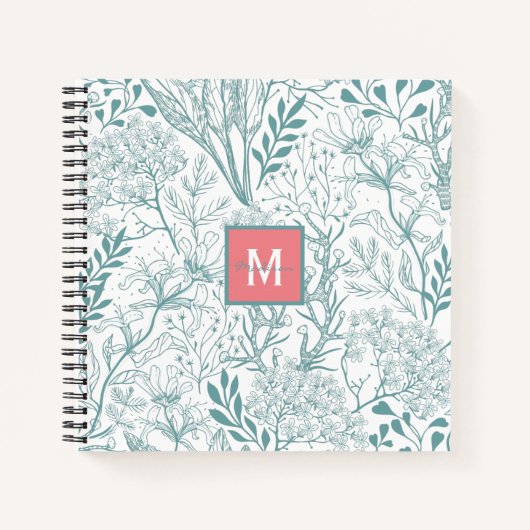 Blauwgroen groen bloemenmonogram notitieboek (Voorkant)