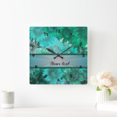 Blauwgroen groen bloemenpatroon vierkante klok (Huis)