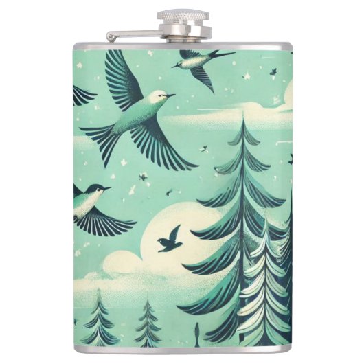 Blauwgroen groen bos en vogelpatroon heupfles (Voorkant)