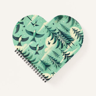 Blauwgroen groen bos en vogelpatroon notitieboek