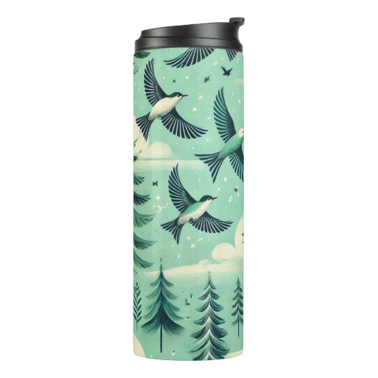 Blauwgroen groen bos en vogelpatroon thermosbeker (Gedraaid links)