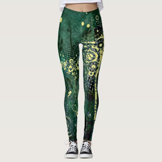 Blauwgroen groen en geel Abstract golfpatroon Leggings (Voorkant)