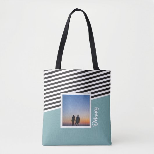 Blauwgroen groen en gestreept patroon Gepersonalis Tote Bag (Voorkant)