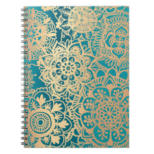 Blauwgroen groen en Gold Floral Mandala Pattern Notitieboek