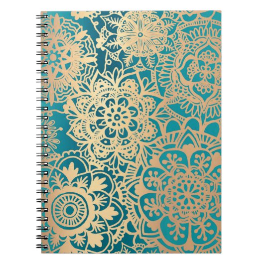 Blauwgroen groen en Gold Floral Mandala Pattern Notitieboek (Voorkant)