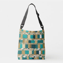 Blauwgroen groen en goud geometrisch patroon met b crossbody tas