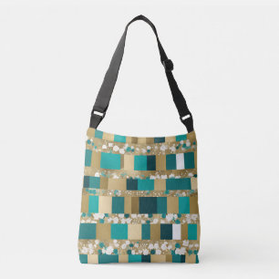 Blauwgroen groen en goud geometrisch patroon met b crossbody tas