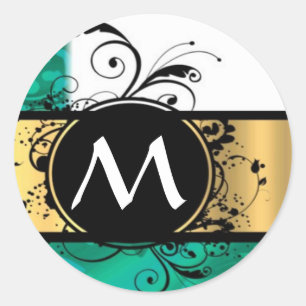 Blauwgroen groen en gouden monogram ronde sticker