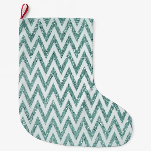 Blauwgroen Groen en Wit Faux Glitter Zigzag Grote Kerstsok (Voorkant)