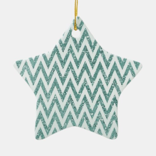 Blauwgroen Groen en Wit Faux Glitter Zigzag Keramisch Ornament (Voorkant)