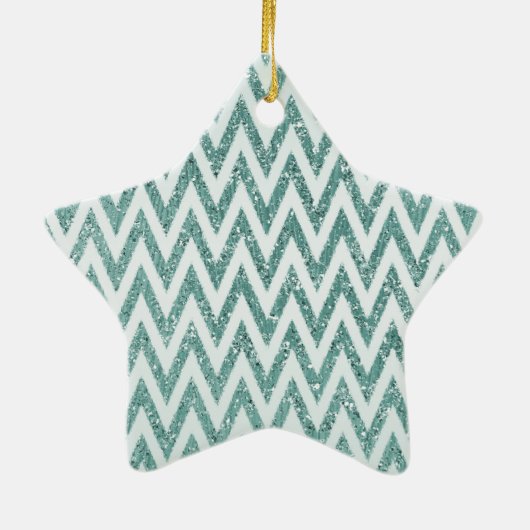 Blauwgroen Groen en Wit Faux Glitter Zigzag Keramisch Ornament (Achterkant)