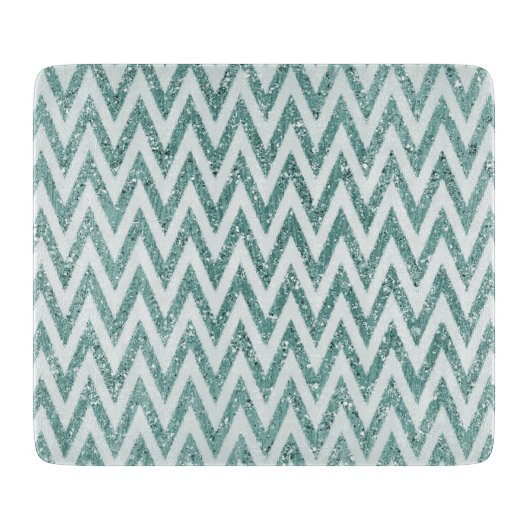 Blauwgroen Groen en Wit Faux Glitter Zigzag Snijplank (Voorkant)