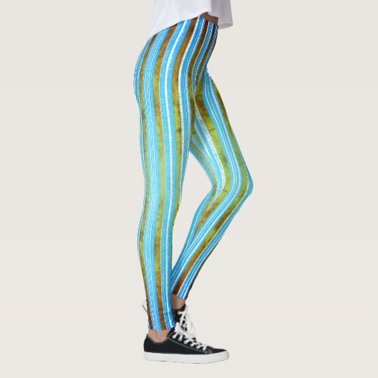 Blauwgroen, Groen, en Wit Striped Patroon Leggings (Rechts)