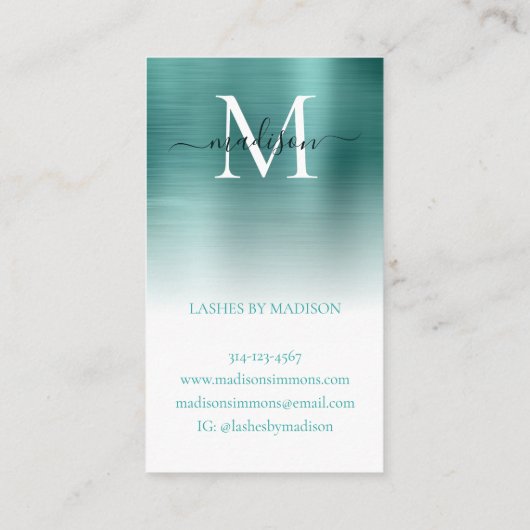 Blauwgroen groen geborsteld metalen monogram stijl visitekaartje (Achterkant)