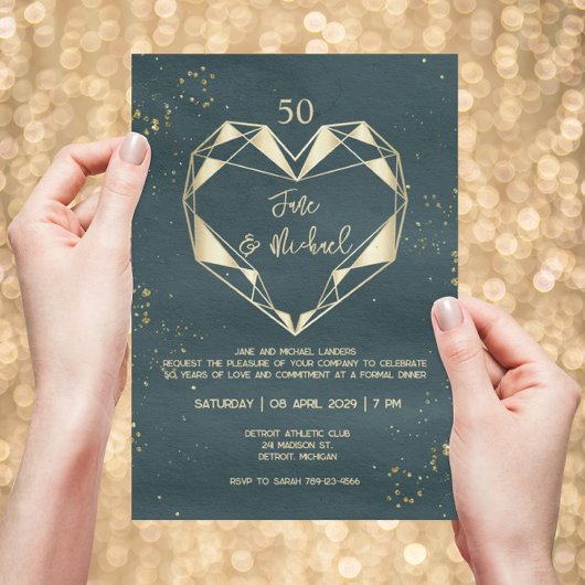Blauwgroen Groen Geometrisch Gouden Hart 50e Jubil Kaart