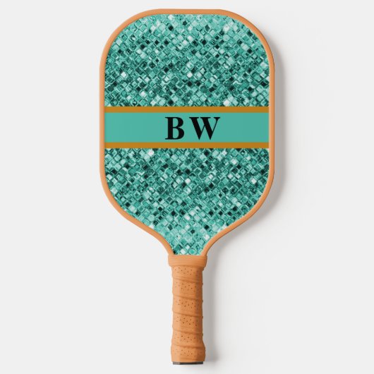 Blauwgroen Groen Glitter Aangepaste Naam Monogram  Pickleball Paddle (Voorkant)