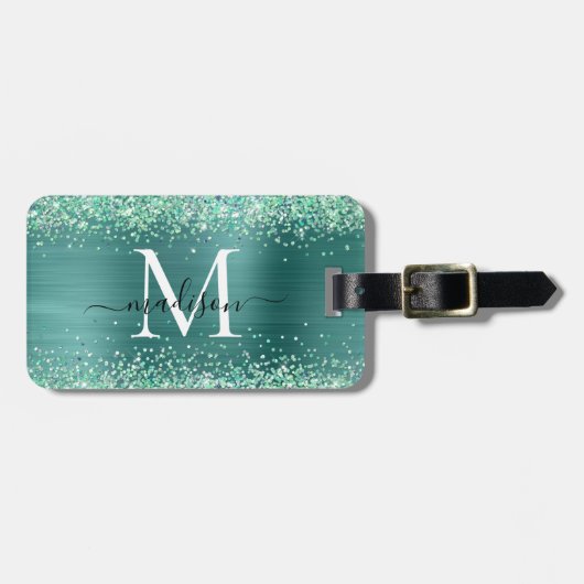 Blauwgroen Groen Glitter geborsteld Metaal Monogra Bagagelabel (Voorkant horizontaal)