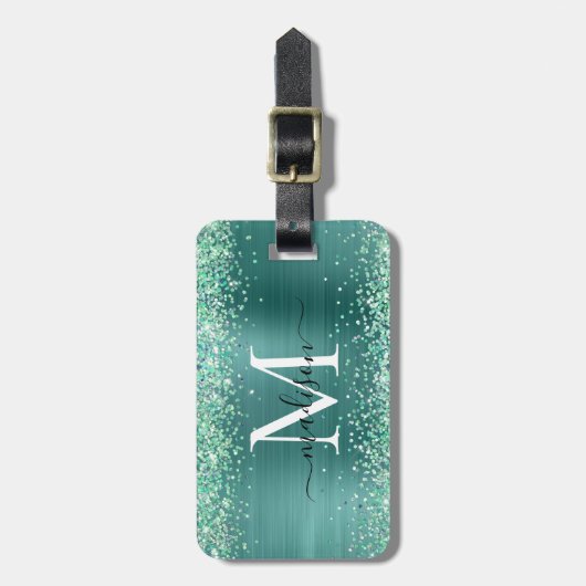 Blauwgroen Groen Glitter geborsteld Metaal Monogra Bagagelabel (Voorkant verticaal)