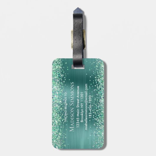Blauwgroen Groen Glitter geborsteld Metaal Monogra Bagagelabel (Achterkant verticaal)