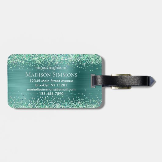 Blauwgroen Groen Glitter geborsteld Metaal Monogra Bagagelabel (Achterkant horizontaal)