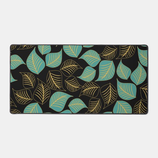 Blauwgroen groen goud breed bladeren patroon op zw bureaumat (Voorkant)