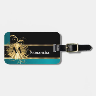 Blauwgroen groen goud en zwart monogram bagagelabel