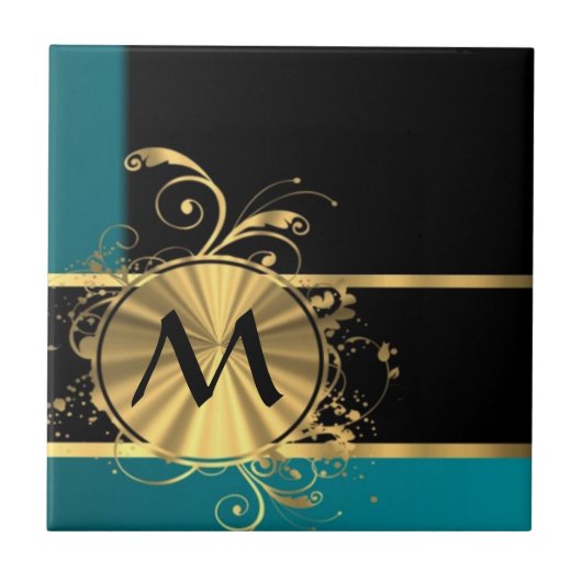 Blauwgroen groen goud en zwart monogram tegeltje (Voorkant)