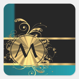 Blauwgroen groen goud en zwart monogram vierkante sticker
