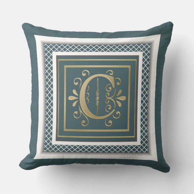 Blauwgroen Groen Goud Monogram Sierkussen (Voorkant)