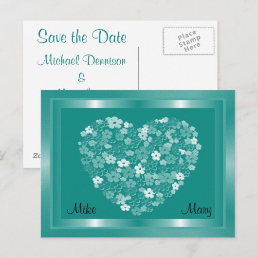 Blauwgroen groen hart van bloemen ingelijst Briefk Aankondigingskaart (Voorkant / Achterkant)